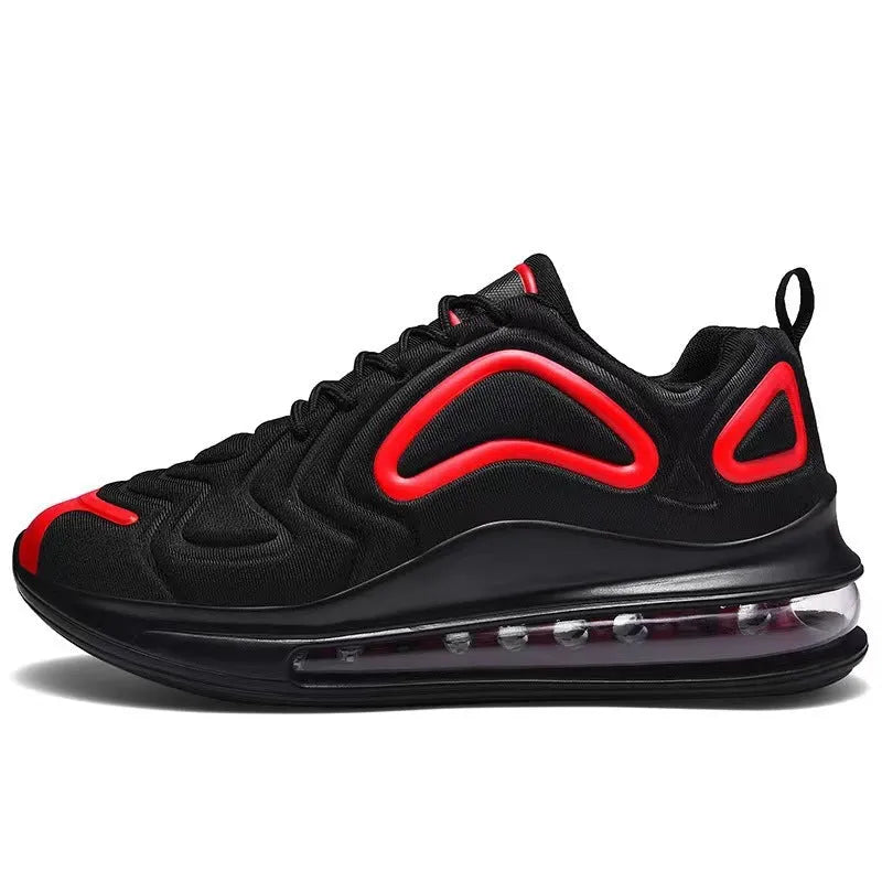 Men's black casual sneakers with lace-up front, thick sole, and round toe design