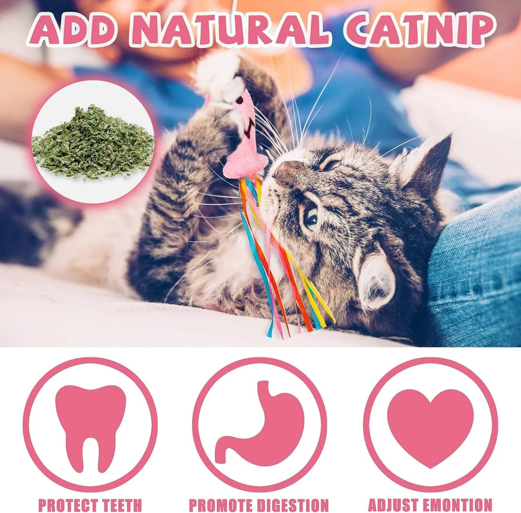 Cat wand toy with wooden handle showing colourful ribbons, catnip fish and bell attachments for interactive feline play