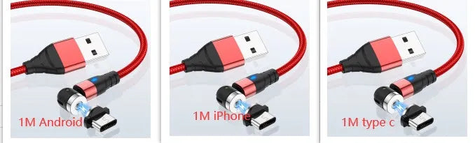 Magnetic charging cable with LED light indicator in various colours showing magnetic connection heads