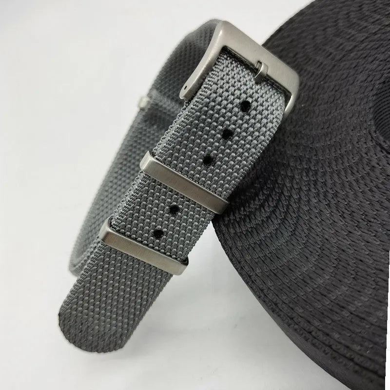 Nylon watch strap replacement band shown in multiple colour options for 20mm and 22mm watches.