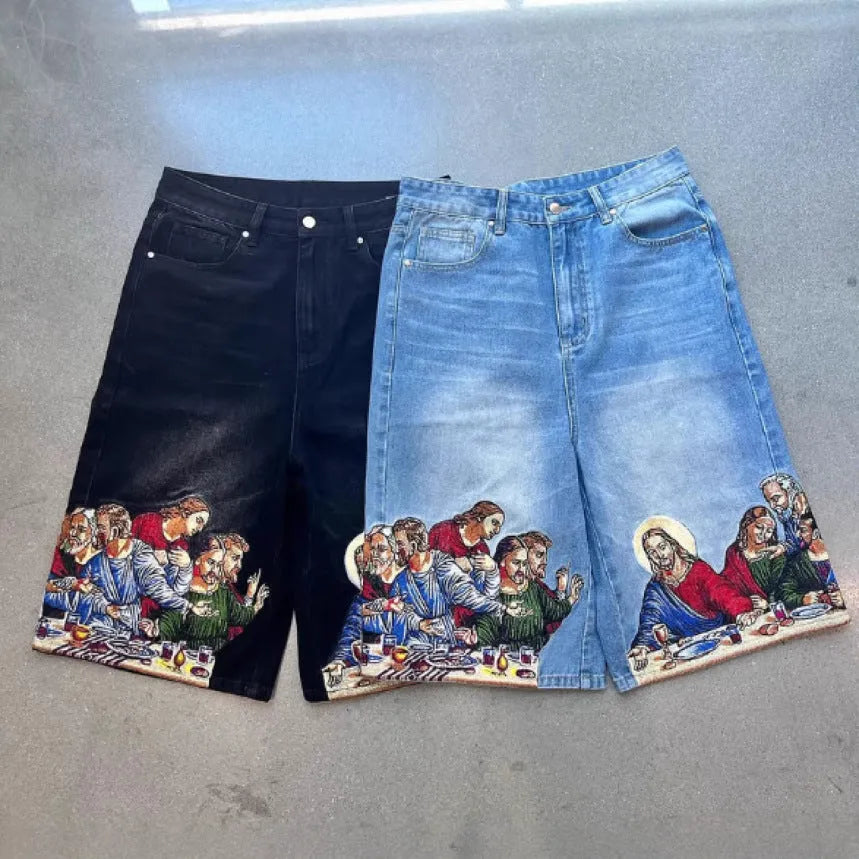 Men's blue cotton cargo shorts with Jesus print on back pocket showing tapered fit