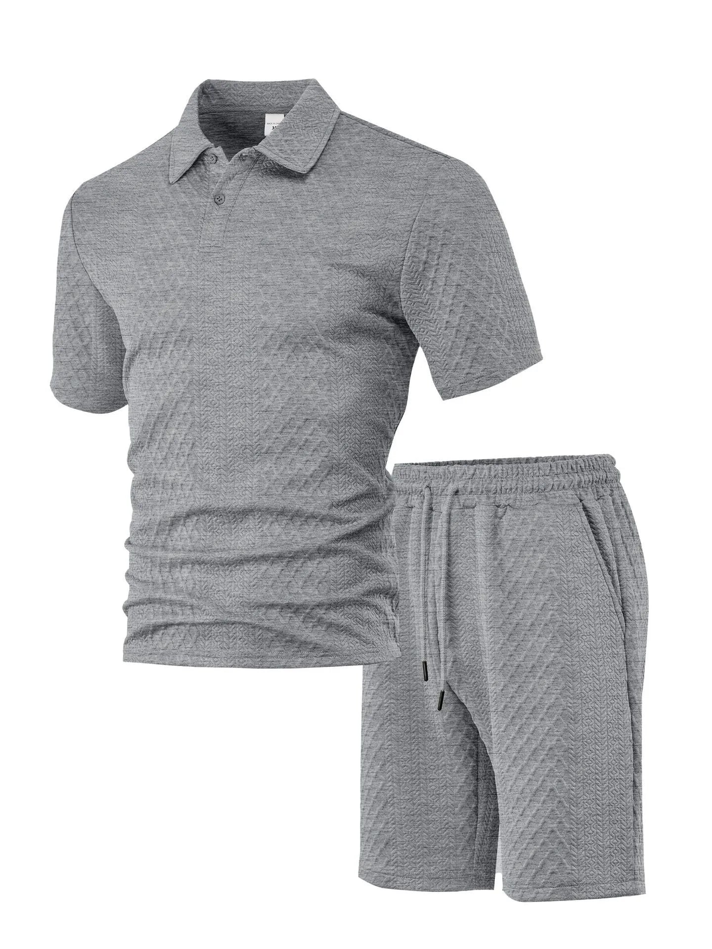Men's patterned polyester casual short sleeve suit in multiple colours with polo shirt and trousers