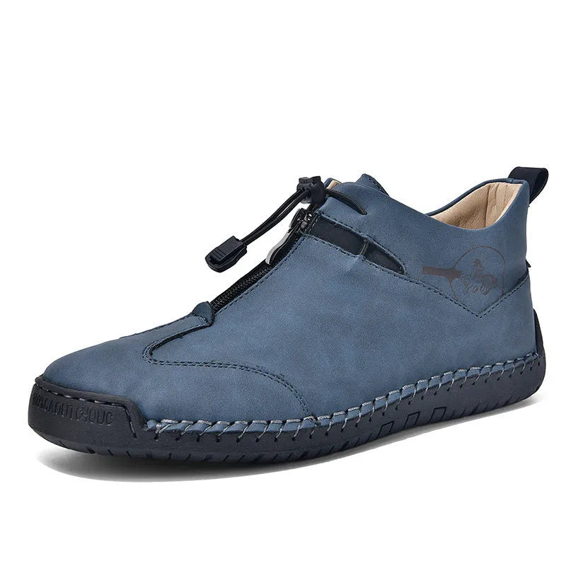 Men's casual leather shoes with mid heel and tall crown in black blue green khaki colours