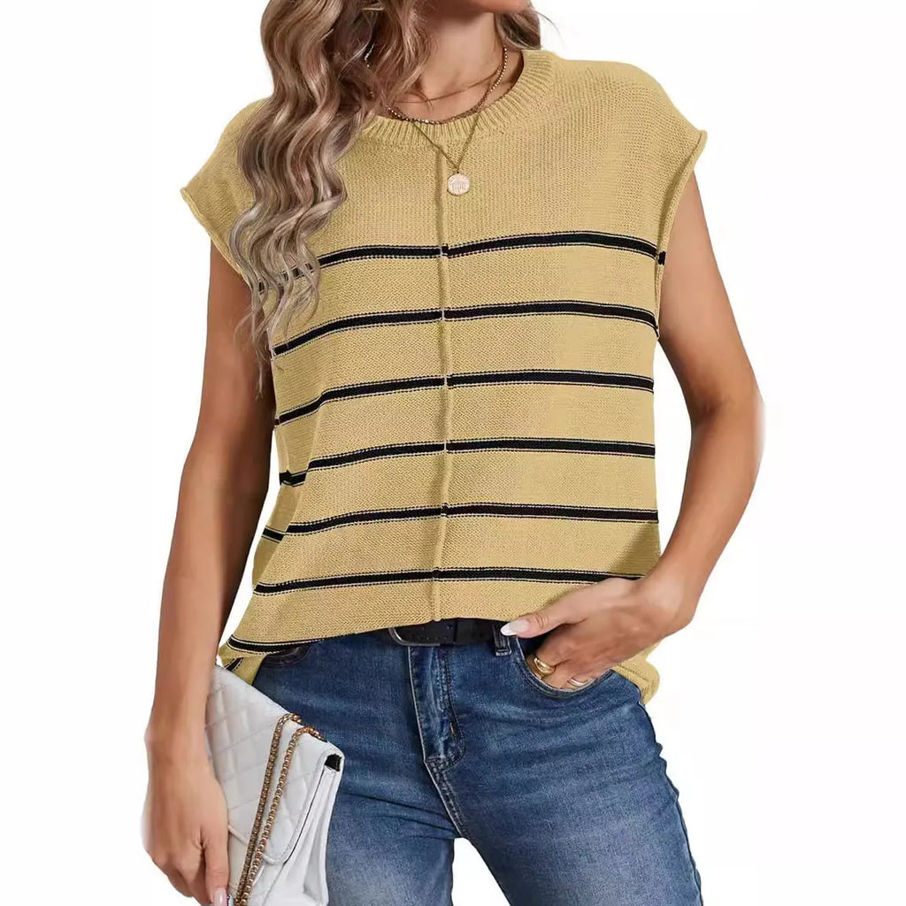 Women's striped sleeveless pullover vest top in apricot colour with visible seam bone stitching