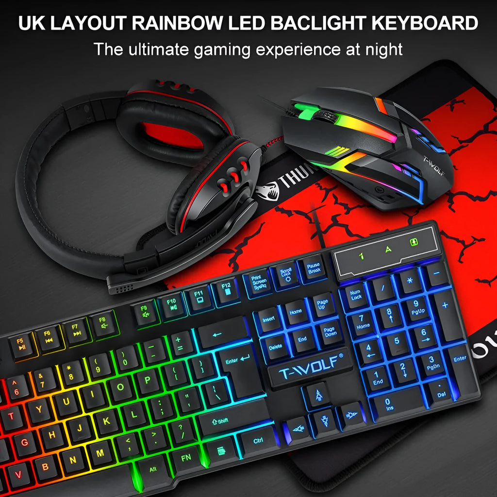 Thunder Wolf gaming keyboard and mouse set with headset and mouse pad bundle