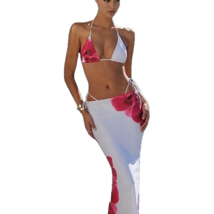 White printed bandage skirt bikini swimsuit three-piece set for women polyester beachwear