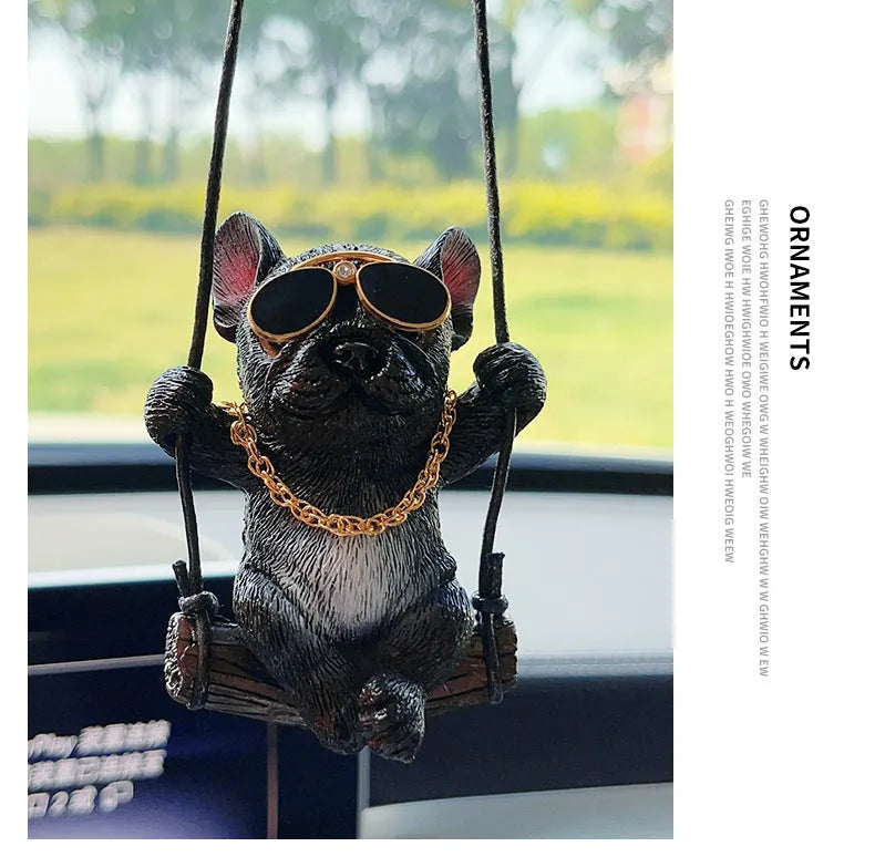 Resin bulldog car pendant hanging ornament in cartoon style for rearview mirror.