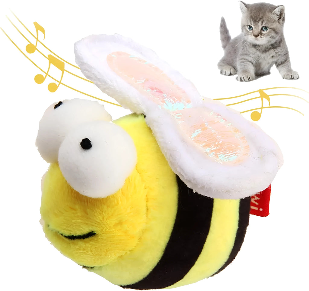 Yellow bee-shaped electronic cat toy with motion-activated chirping sound for indoor pets