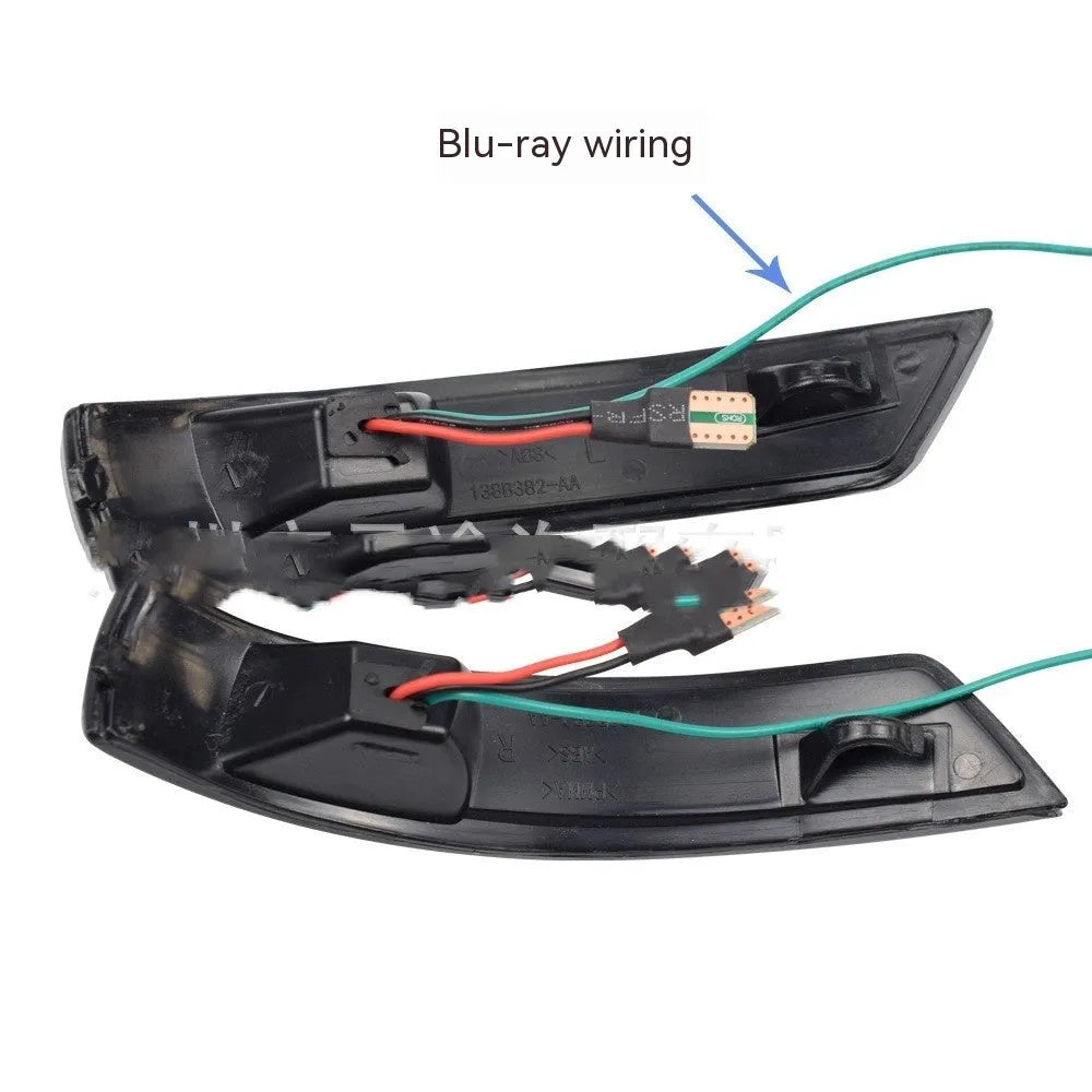 Pair of rearview mirror waterfall lights for Ford Focus and Mondeo showing sequential flow effect in yellow or two-tone blue.