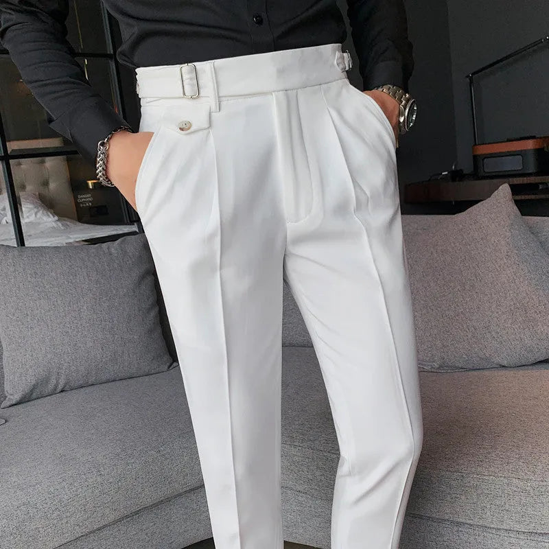 Men's solid colour straight-leg casual trousers in polyester fabric on a hanger.
