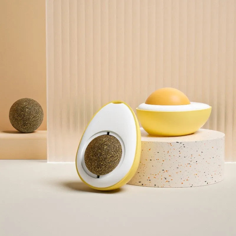 Organic catnip ball toy in fried egg and poached egg designs with wall mount capability