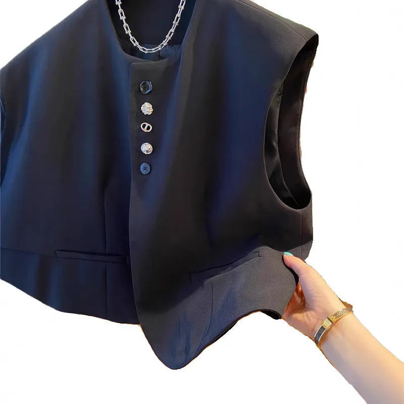 Women's loose-fitting beige polyester waistcoat vest with pockets on a hanger.
