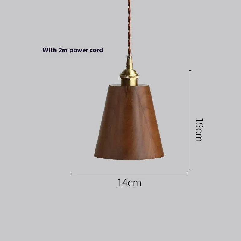 Black walnut finish single-head droplight chandelier with copper and wood art construction.