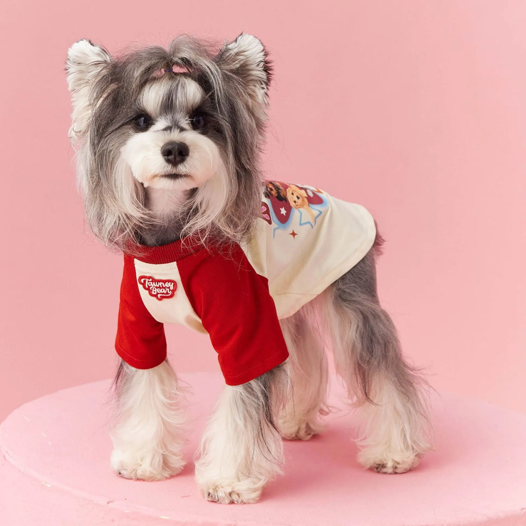 Cotton summer dog clothes with contrast embroidery in red and pink colours