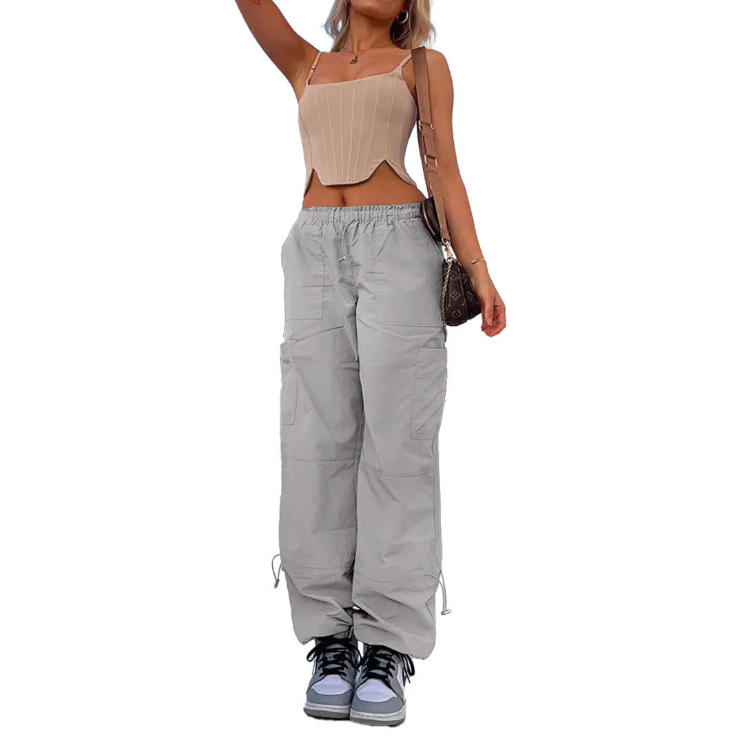 Men's loose fit straight leg cargo pants in grey with multiple pockets