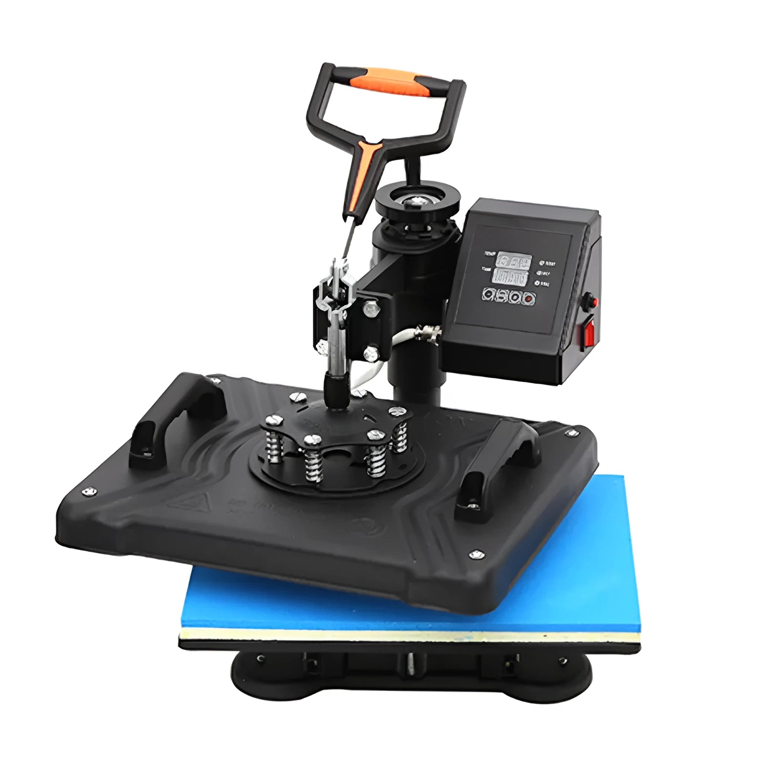 Black 1250W heat transfer machine with large platen for t-shirt and fabric printing.