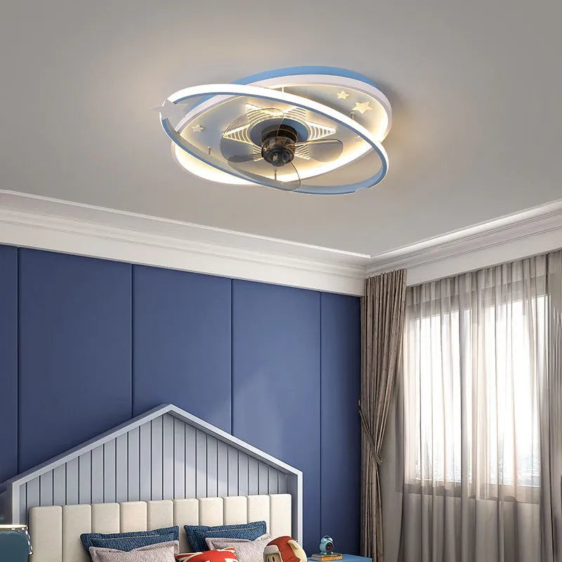 Blue children's bedroom ceiling fan with integrated LED light panels and remote control on white background