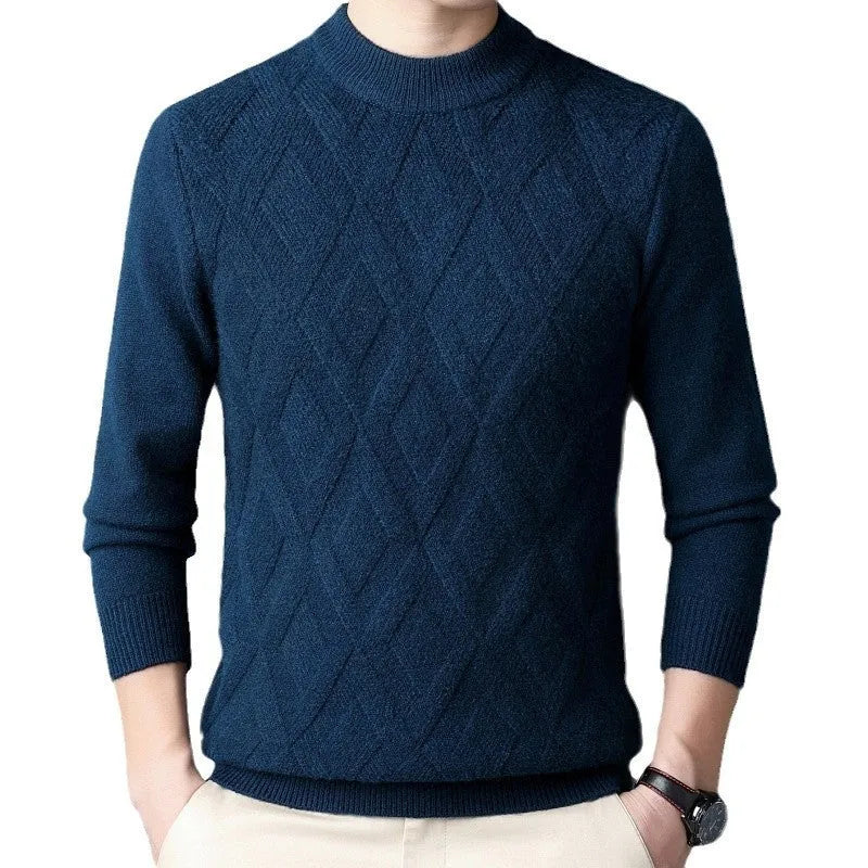 Men's thicken thermal diamond jacquard pullover sweater in light camel colour