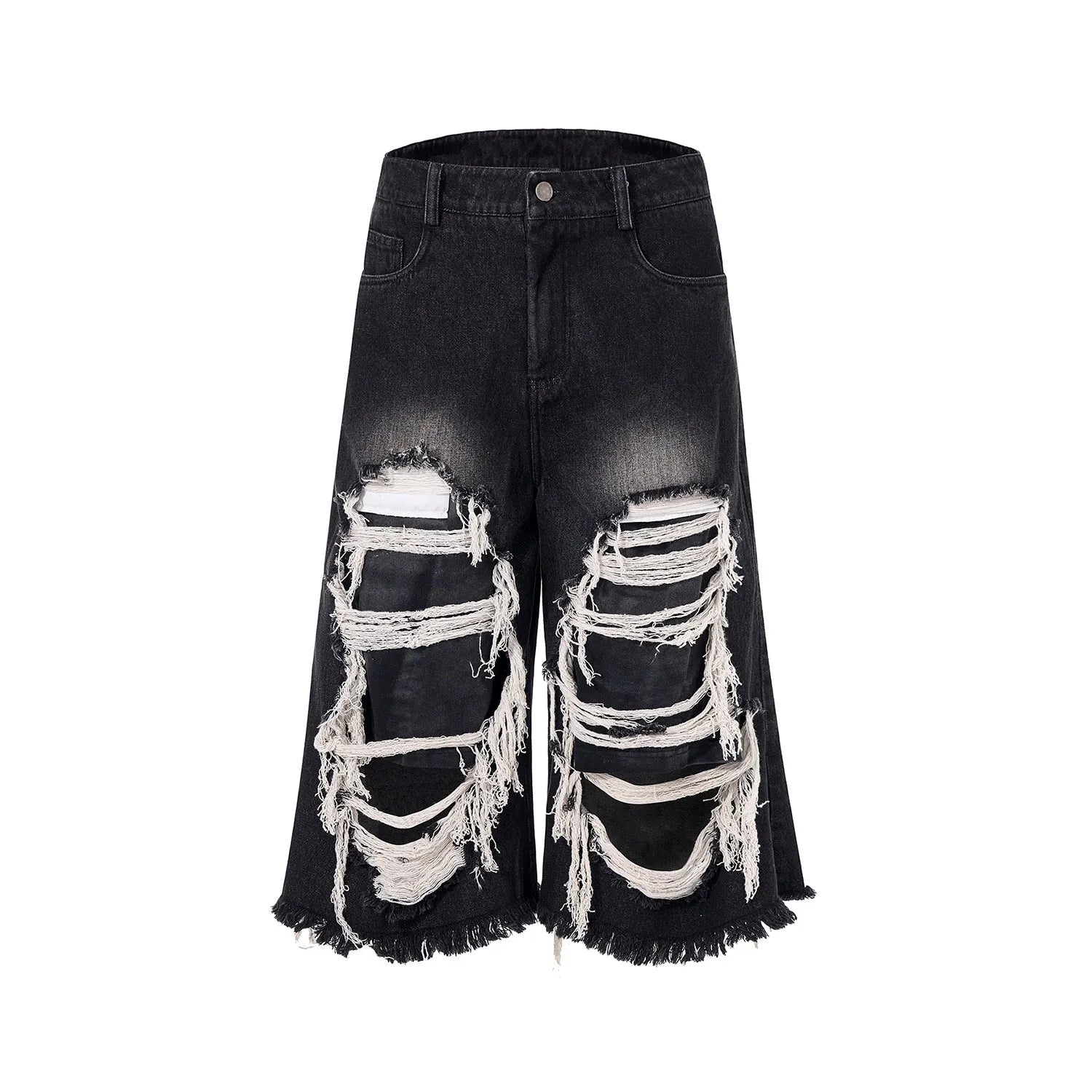 Black women's cropped wide-leg jeans with a mid-high waist and ripped patch distressing.