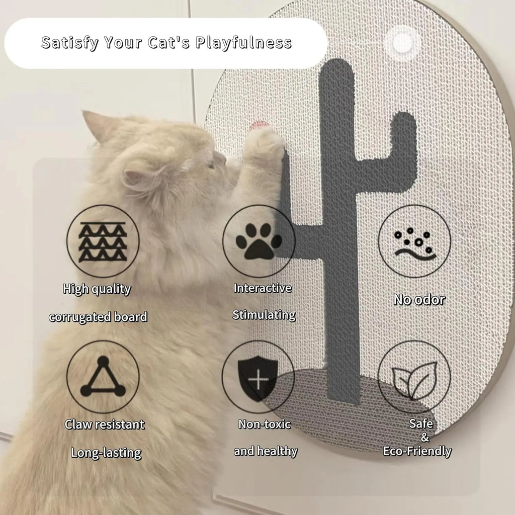 Wall-mounted corrugated cardboard cat scratcher with a decorative design on a wall.