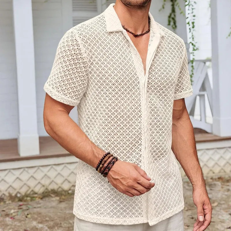 Man wearing a milky white short sleeve mesh cardigan shirt with a lapel collar.