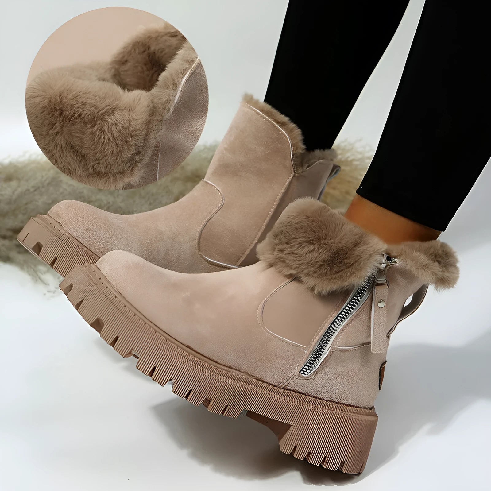 Women's black thick plush snow boot with side zip and faux fur lining