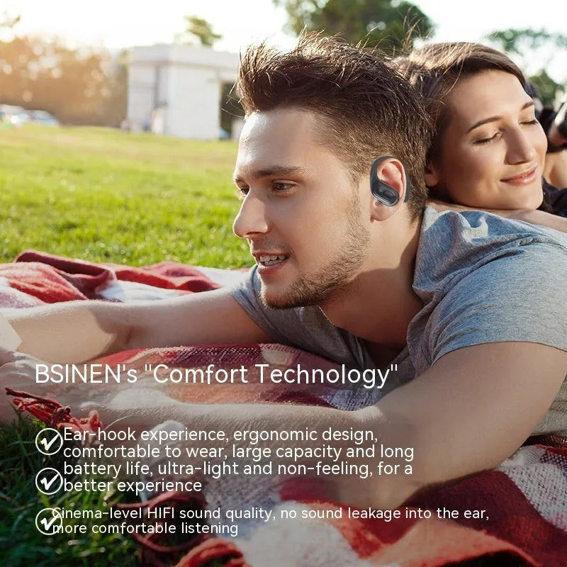 Black wireless Bluetooth ear hook headset with smart noise reduction and Type C charging case