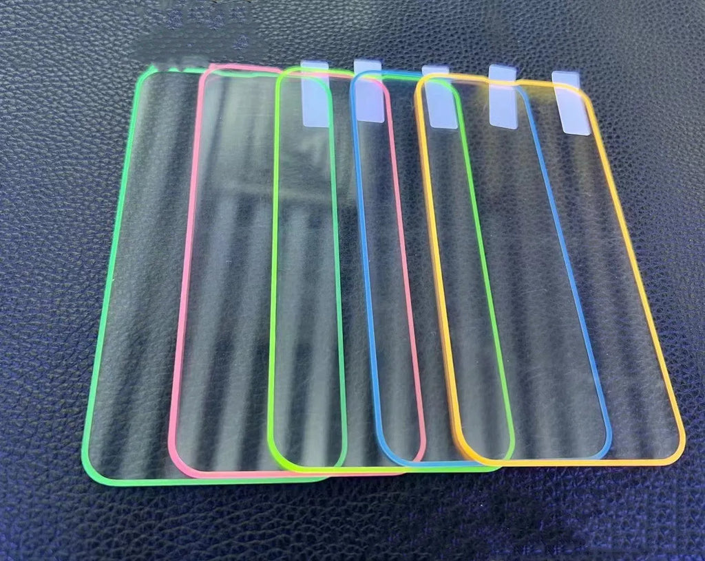 Fluorescent tempered glass screen protector for iPhone showing luminous pink, yellow, green, blue and grass green colour options.