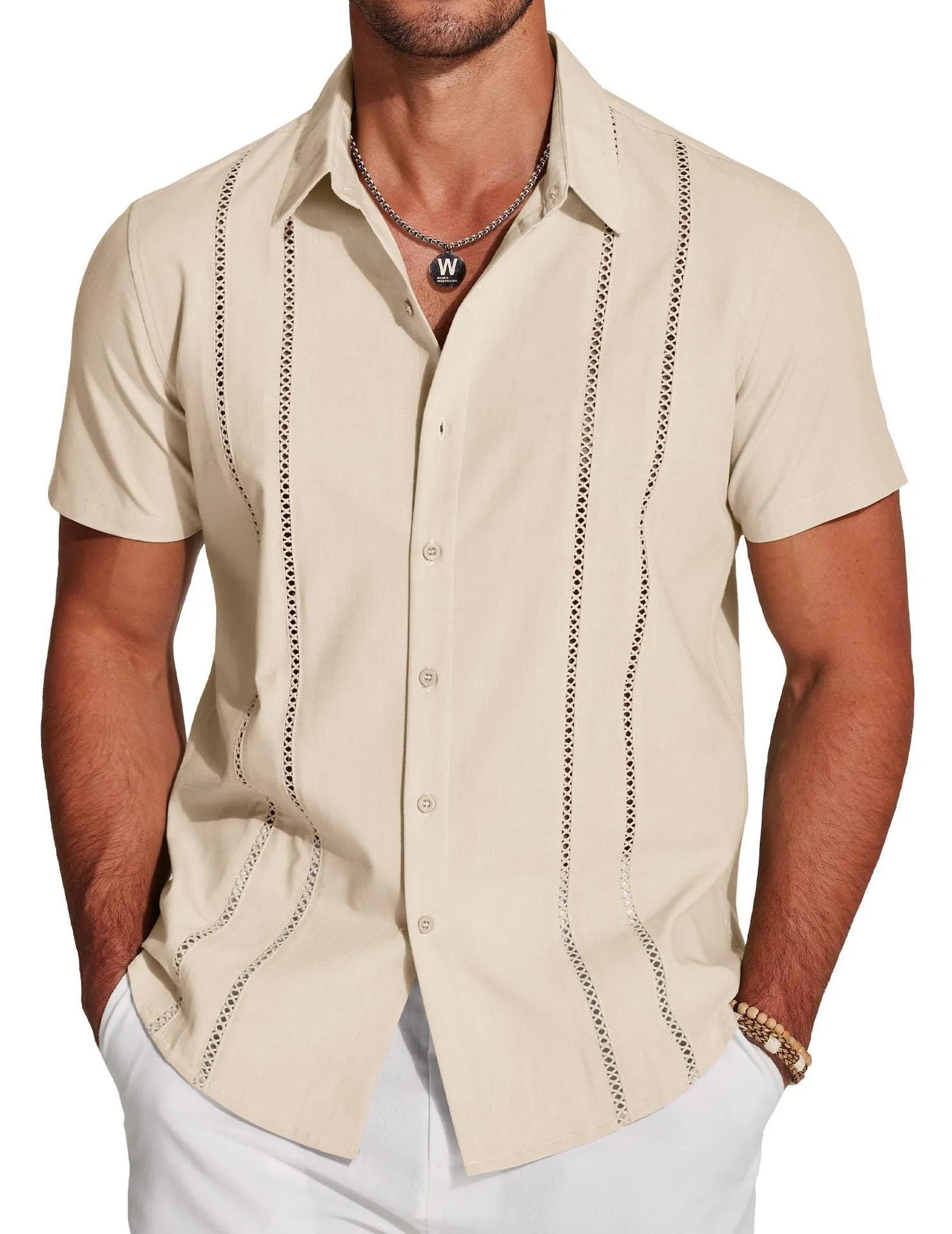 Man wearing a slim fit, short sleeve Hawaiian shirt with a digital print pattern in a casual setting.