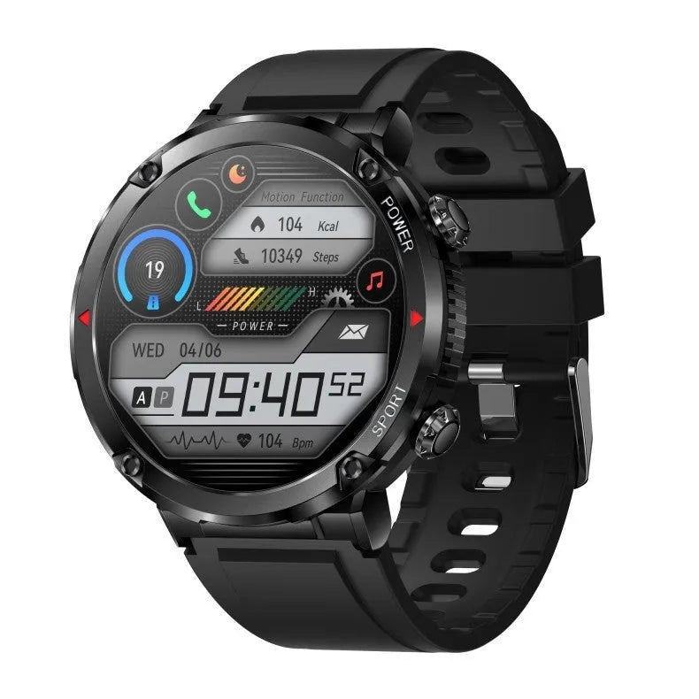 T30 smart watch with circular IPS screen on a silicone strap, showing health metrics and call interface.