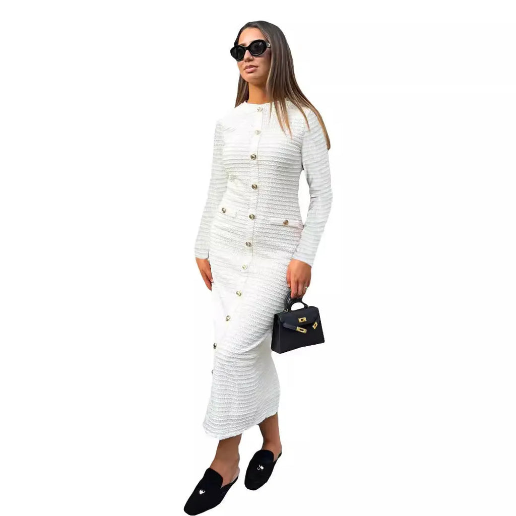 Women's slim fit knitted dress with long sleeves and button detailing in retro French style