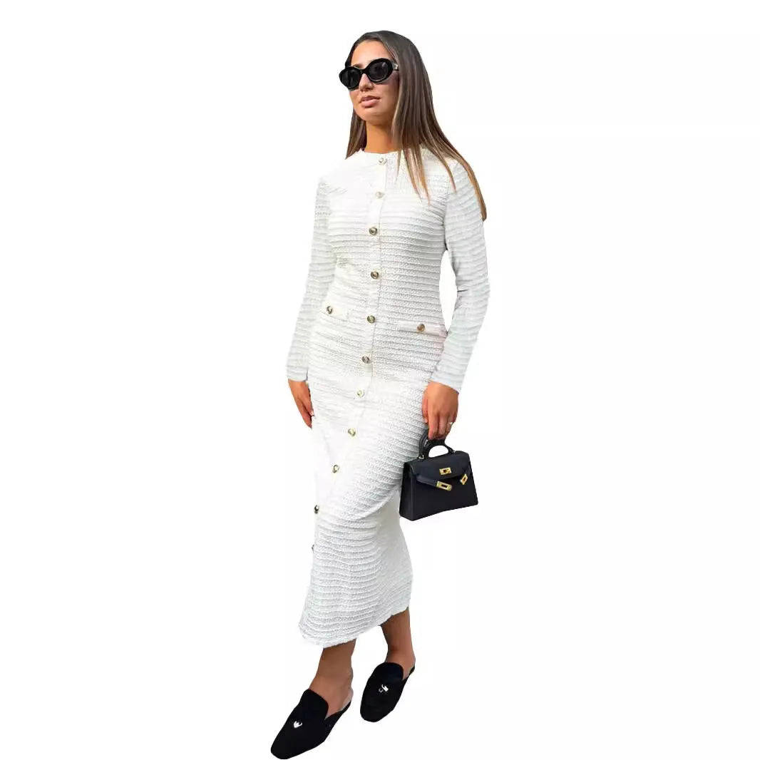 Women's slim fit knitted dress with long sleeves and button detailing in retro French style