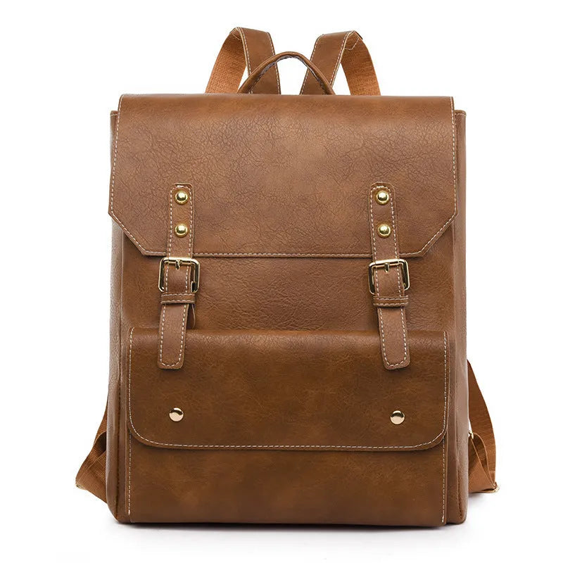 Korean style simple retro backpack in soft PU material shown in black, brown, creamy white, and dark brown colours.