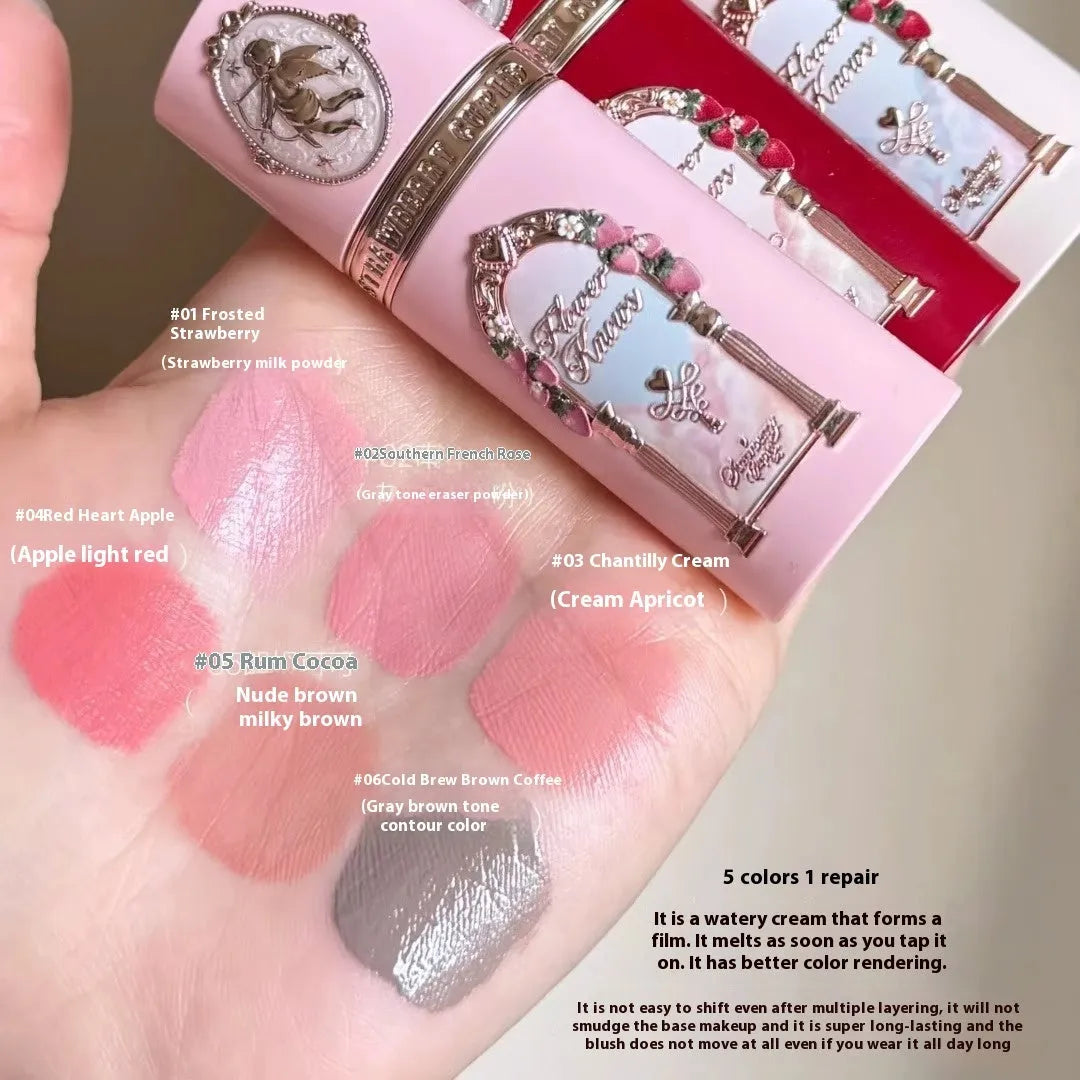 Strawberry Cupid Liquid Blush makeup product in six different shade bottles