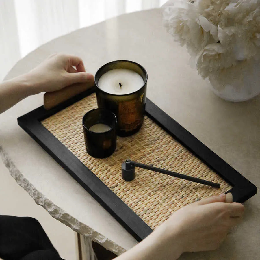 Pine wood dining tray with internal compartments for organisation.