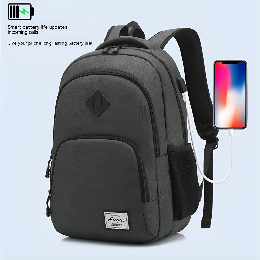 Grey nylon backpack with USB charging port showing dimensions 32x15x46cm