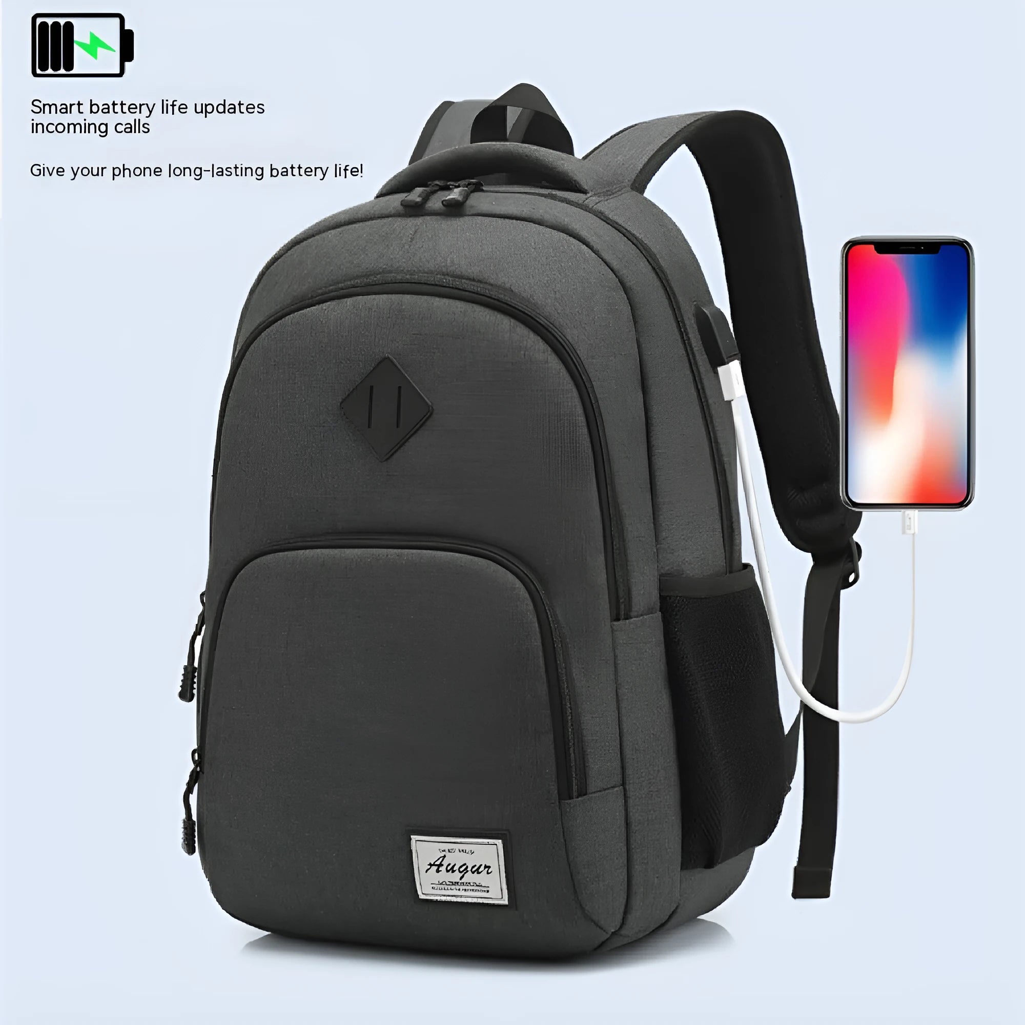 Grey nylon backpack with USB charging port showing dimensions 32x15x46cm