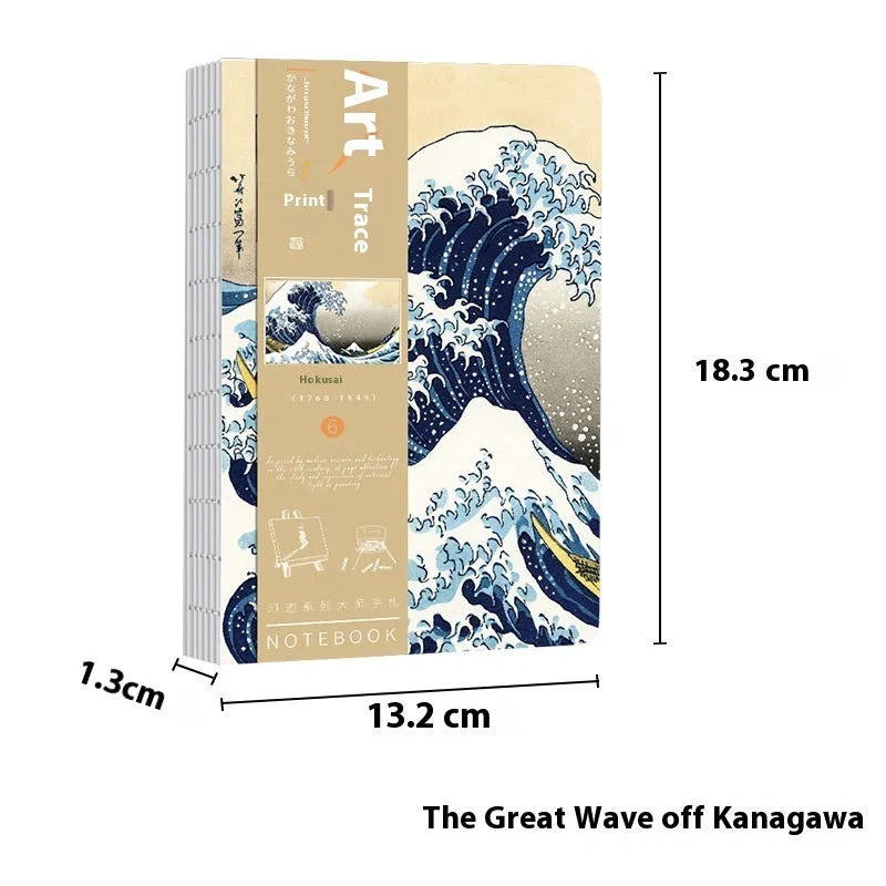 Hardback Ukiyo-e series hand ledger notebook with retro Japanese print cover, open to show 100g paper pages.