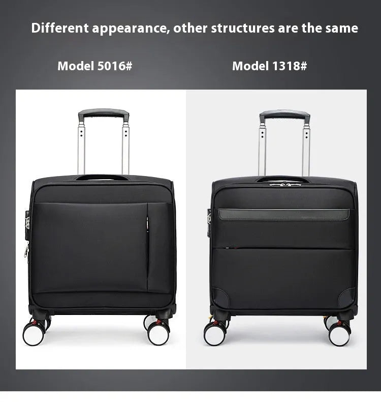 Black 18 inch Oxford cloth business suitcase with retractable handle and universal wheels.
