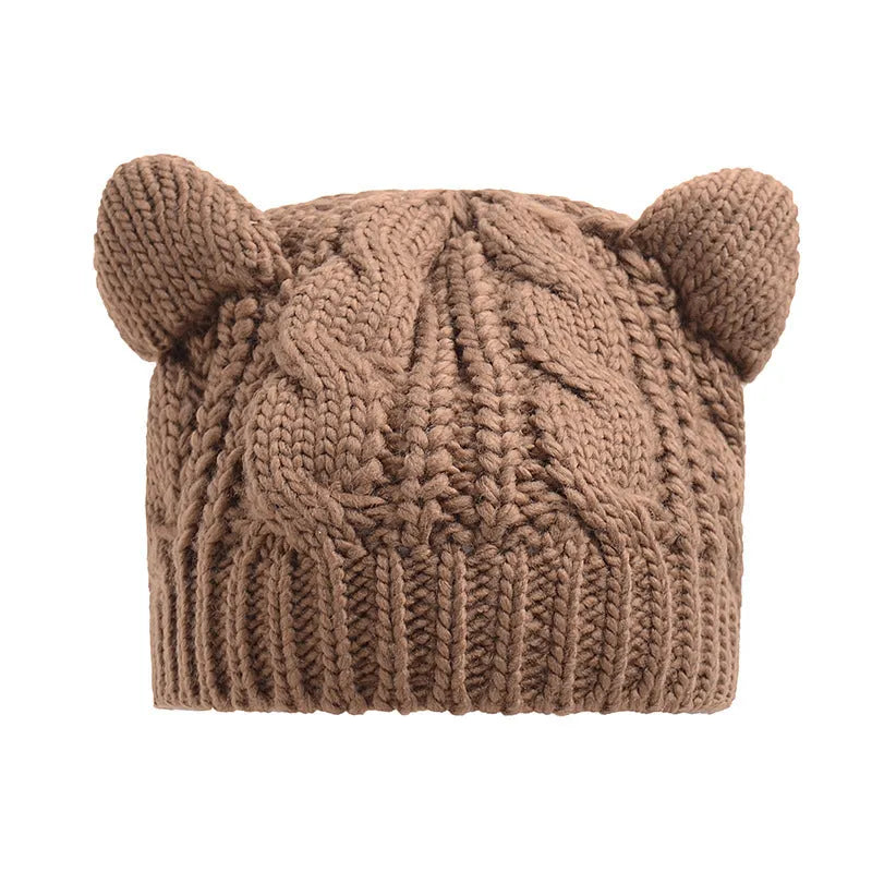 Hand made 3D cat ear knitted winter beanie in wool material showing multiple colour options