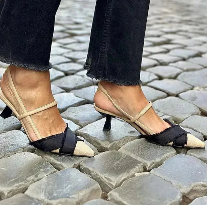 Women's apricot and black colour block stiletto heel sandals with buckle closure and pointed toe