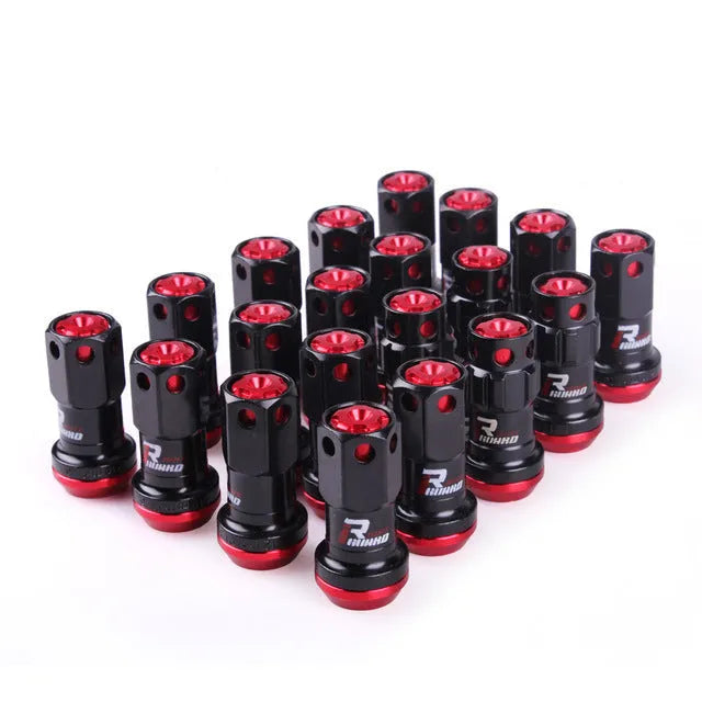Set of forged aluminium alloy wheel hub nuts in various colours showing M12 thread.