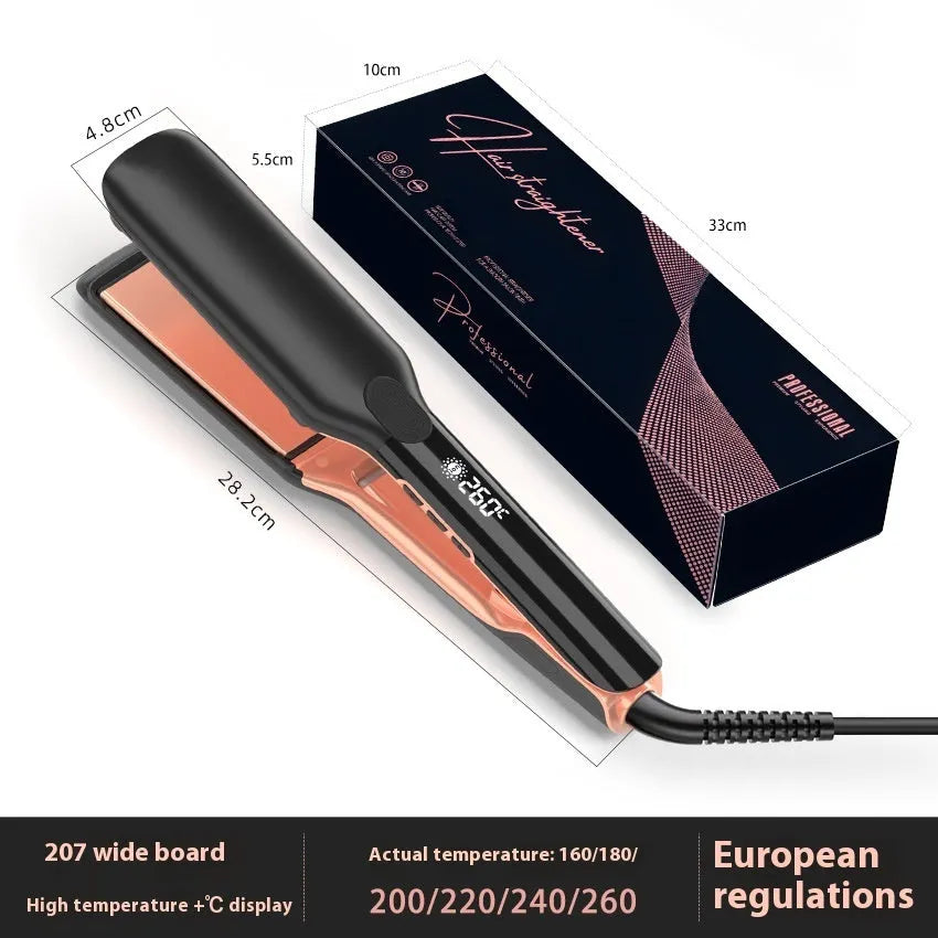 Hair straightener and curler with digital temperature display showing 207°C
