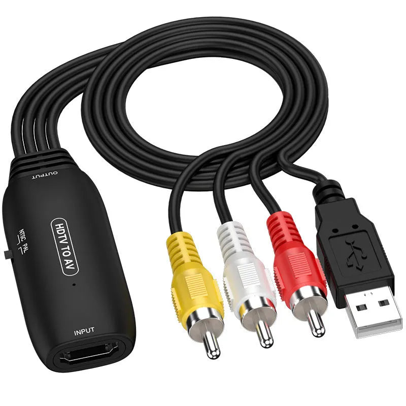 HDMI to AV converter cable with 110cm length showing both RCA and 2-terminal connector options