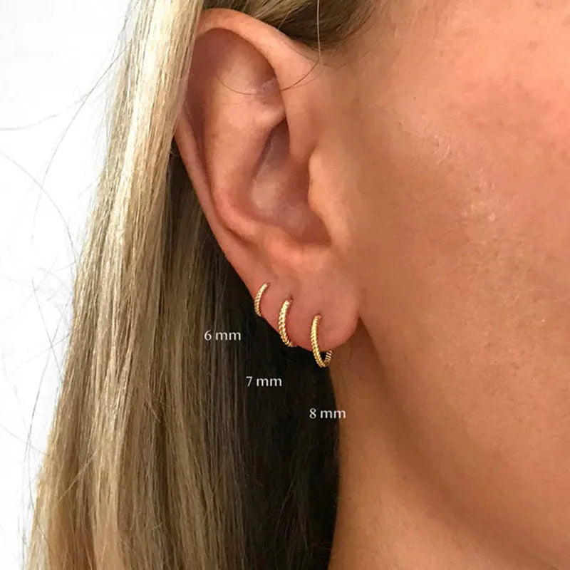 Sterling silver twisted hoop earrings with geometric round shape in gold electroplated finish