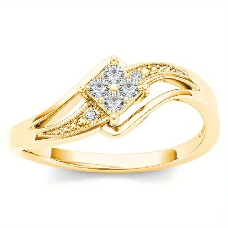 Women's yellow gold colour copper ring with diamond shape and micro inlaid zircon geometric design.