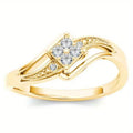 Women's yellow gold colour copper ring with diamond shape and micro inlaid zircon geometric design.