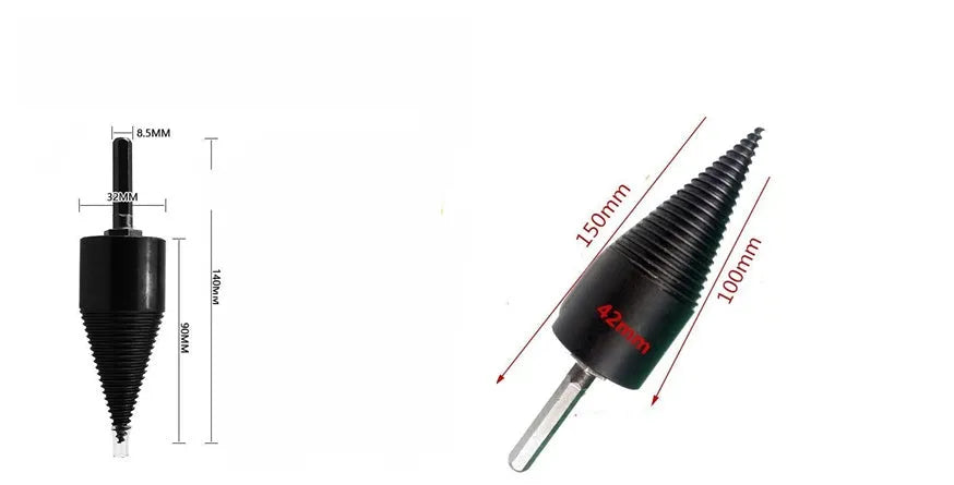 Hexagonal steel firewood-splitting drill bit for electric drills in 32mm and 42mm sizes.