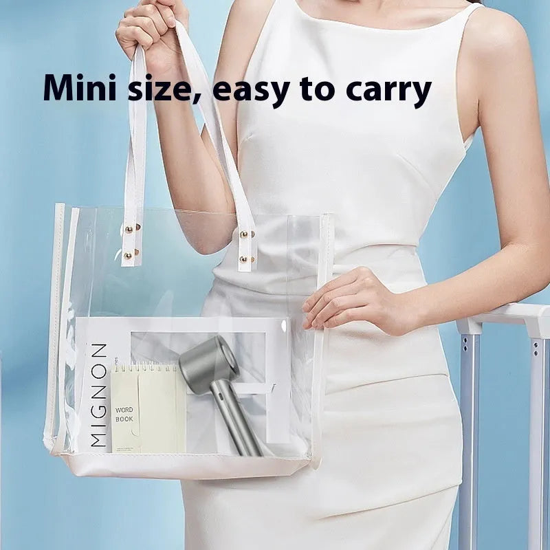 A white USB rechargeable handheld fan with 6 plastic blades, showing variable speed control and a compact design.