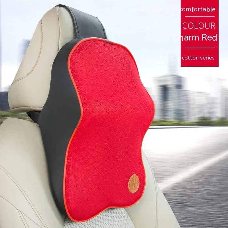 Black memory foam car headrest pillow and lumbar support pillow set on car seat